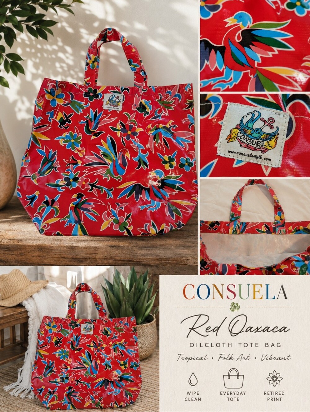 Consuela Red Oaxaca Oilcloth Tote Bag - Red, Blue, Yellow, Green, Black